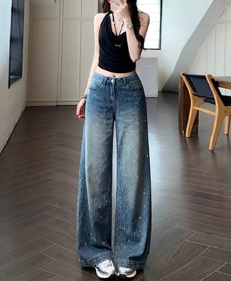 Quần jean ống rộng đính đá 1109